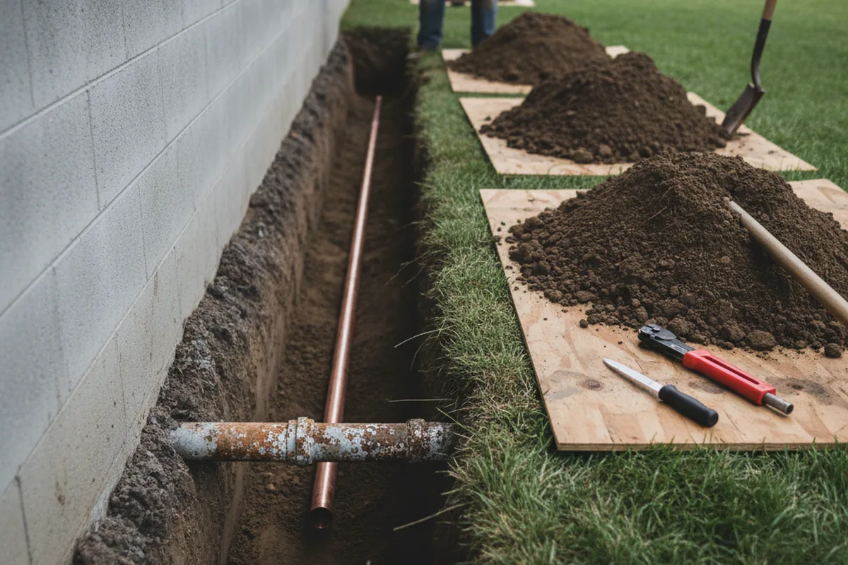 Excavated water line trench during Sewer Line Repair in Malibu